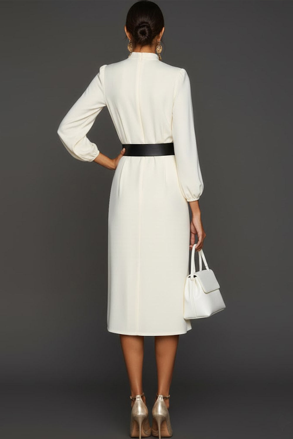 White High Neck Sheath Midi Engagement Dress with Sleeves