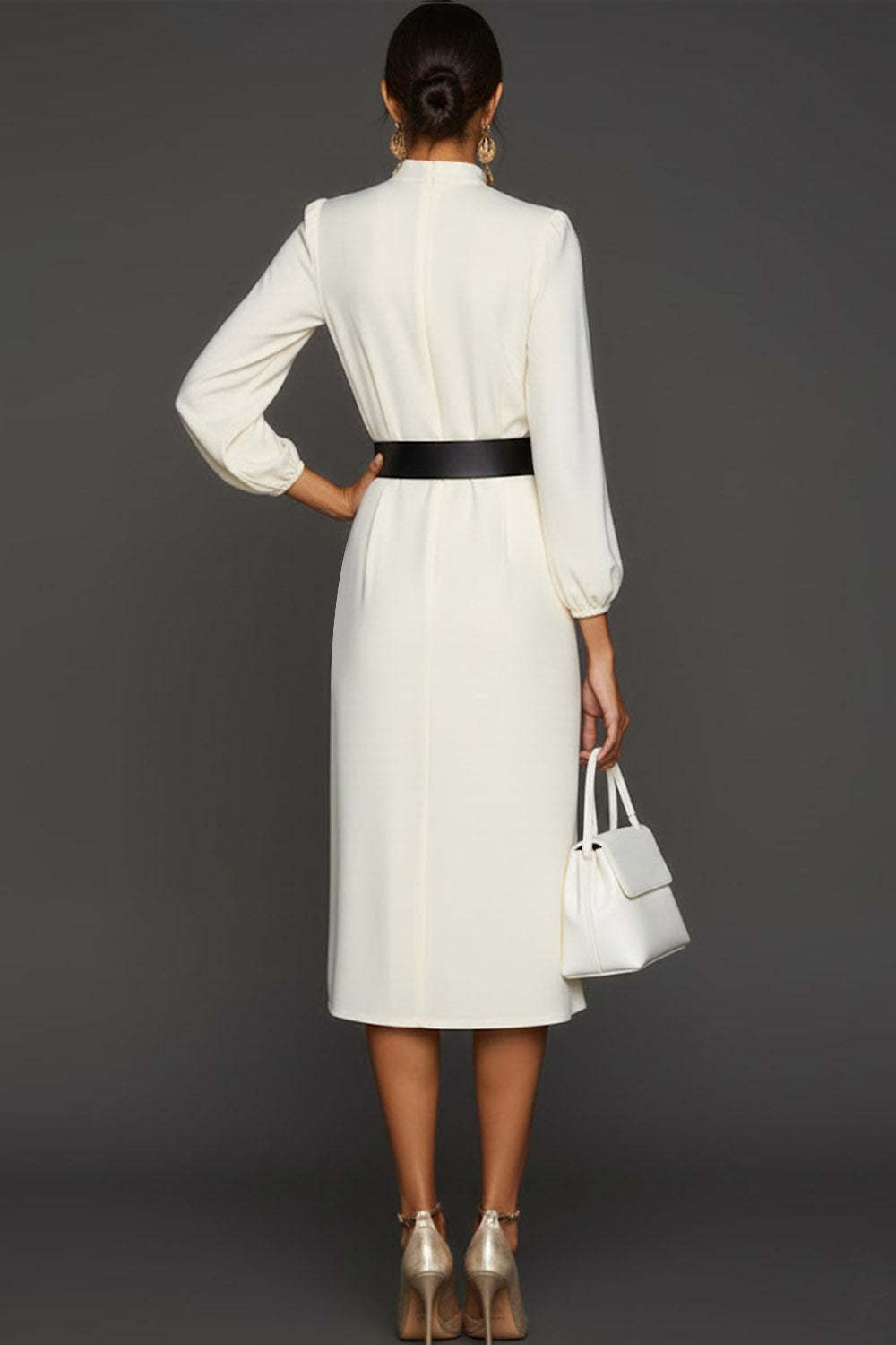 White High Neck Sheath Midi Engagement Dress with Sleeves