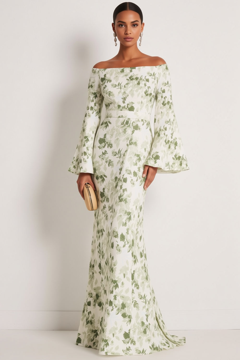 Leely Women Floral Green Maxi Bridesmaid Dress with Sleeves Off the Shoulder Mermaid Wedding Guest Dress