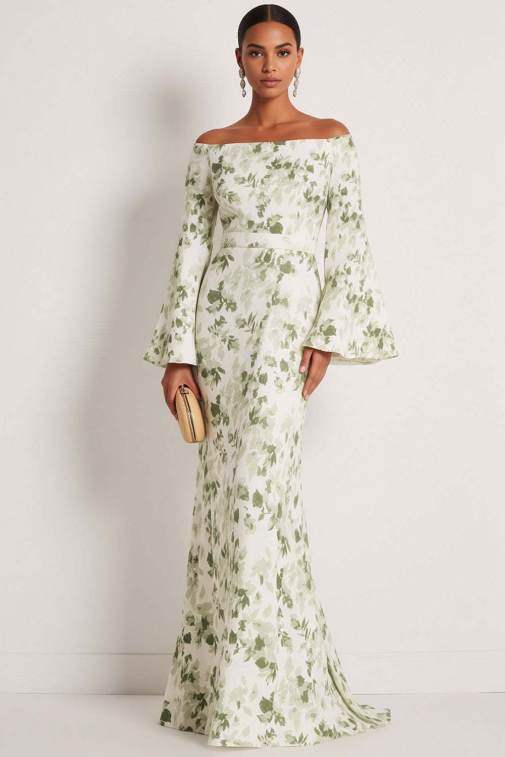 Leely Women Floral Green Maxi Bridesmaid Dress with Sleeves Off the Shoulder Mermaid Wedding Guest Dress