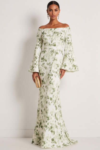 Leely Women Floral Green Maxi Bridesmaid Dress with Sleeves Off the Shoulder Mermaid Wedding Guest Dress