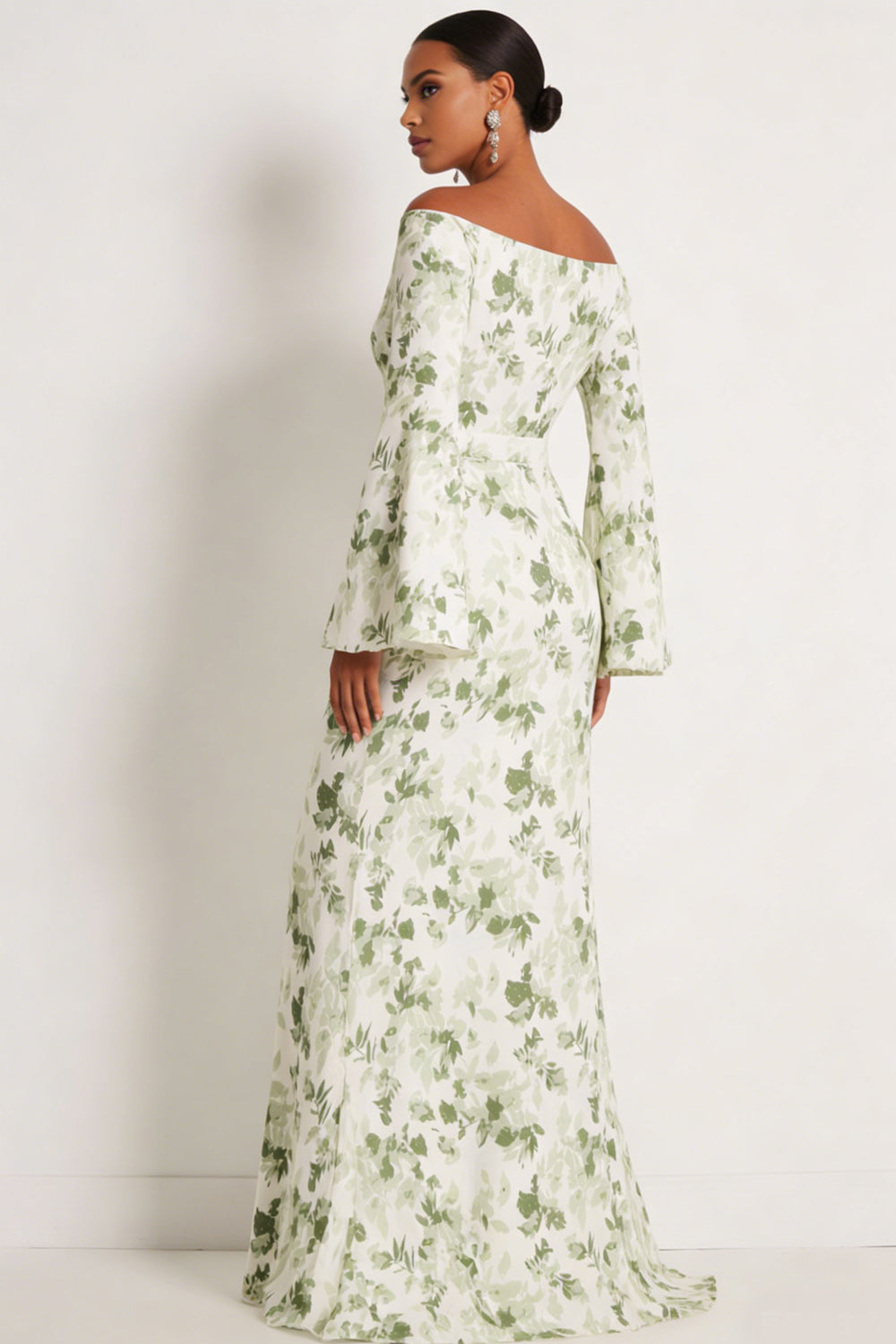 Floral Green Off the Shoulder Mermaid Maxi Bridesmaid Dress with Sleeves