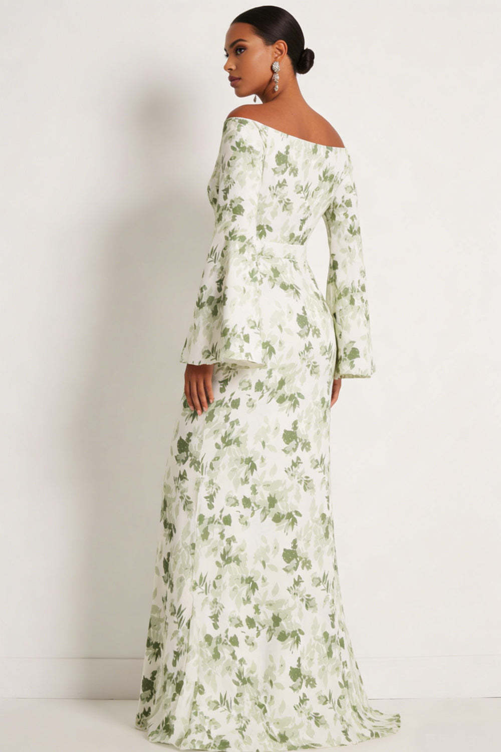 Floral Green Off the Shoulder Mermaid Maxi Bridesmaid Dress with Sleeves