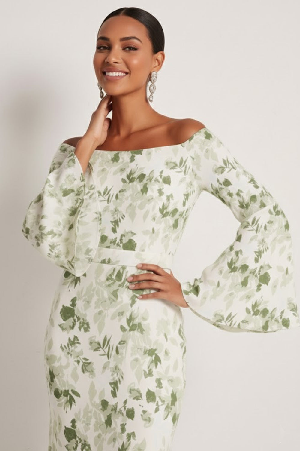 Floral Green Off the Shoulder Mermaid Maxi Bridesmaid Dress with Sleeves