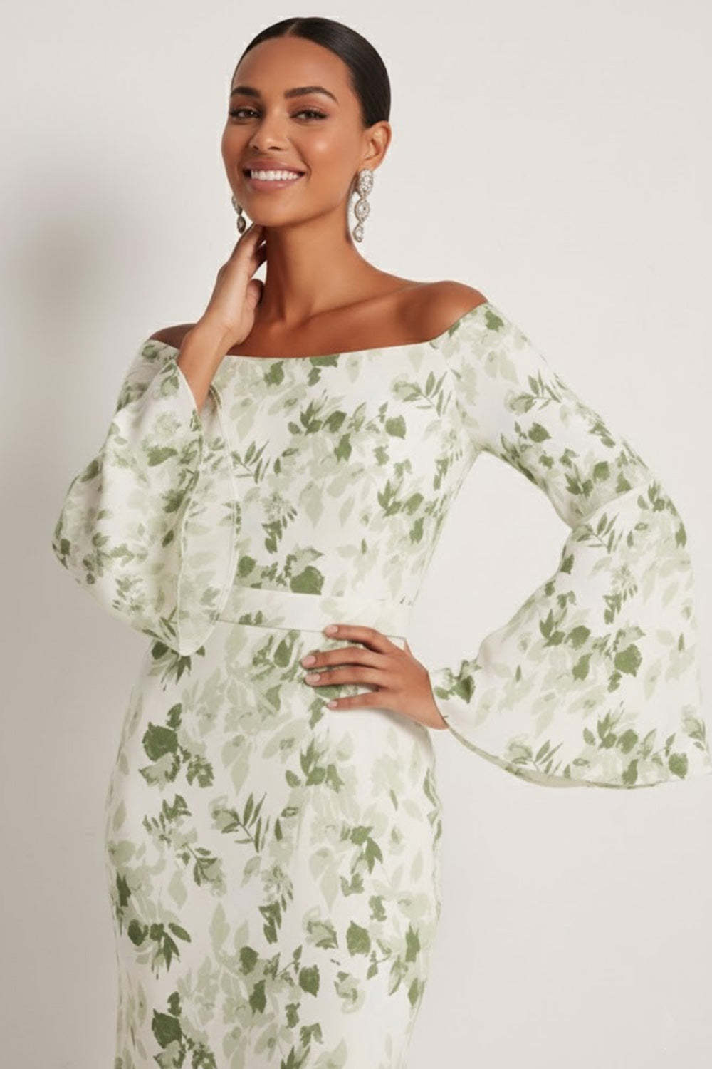 Floral Green Off the Shoulder Mermaid Maxi Bridesmaid Dress with Sleeves