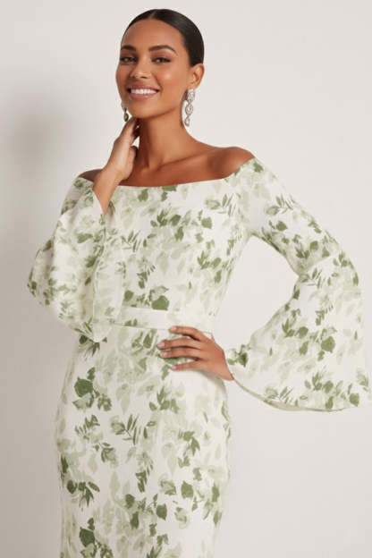 Floral Green Off the Shoulder Mermaid Maxi Bridesmaid Dress with Sleeves