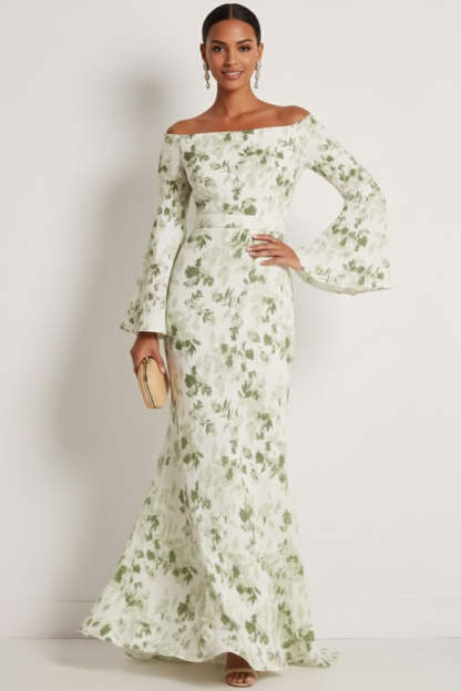 Floral Green Off the Shoulder Mermaid Maxi Bridesmaid Dress with Sleeves