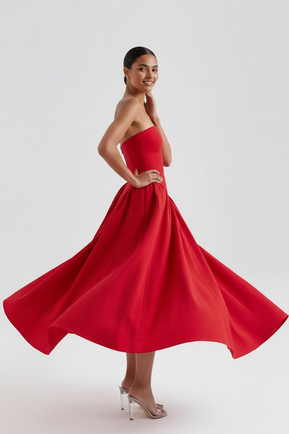 Simple White Strapless A Line Midi Engagement Dress