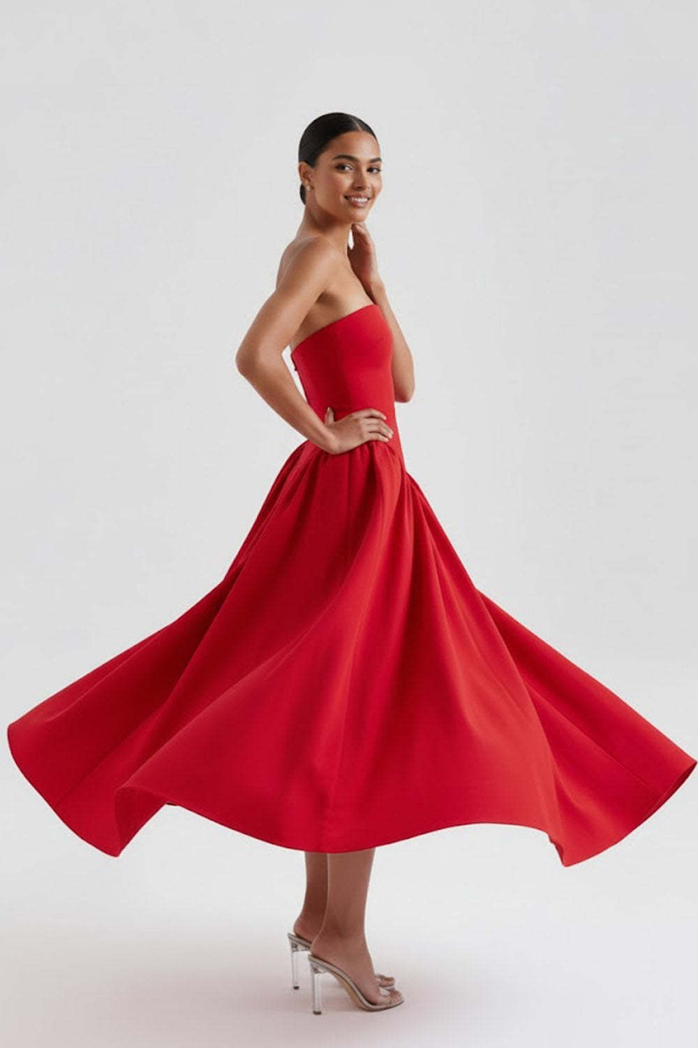 Simple White Strapless A Line Midi Engagement Dress