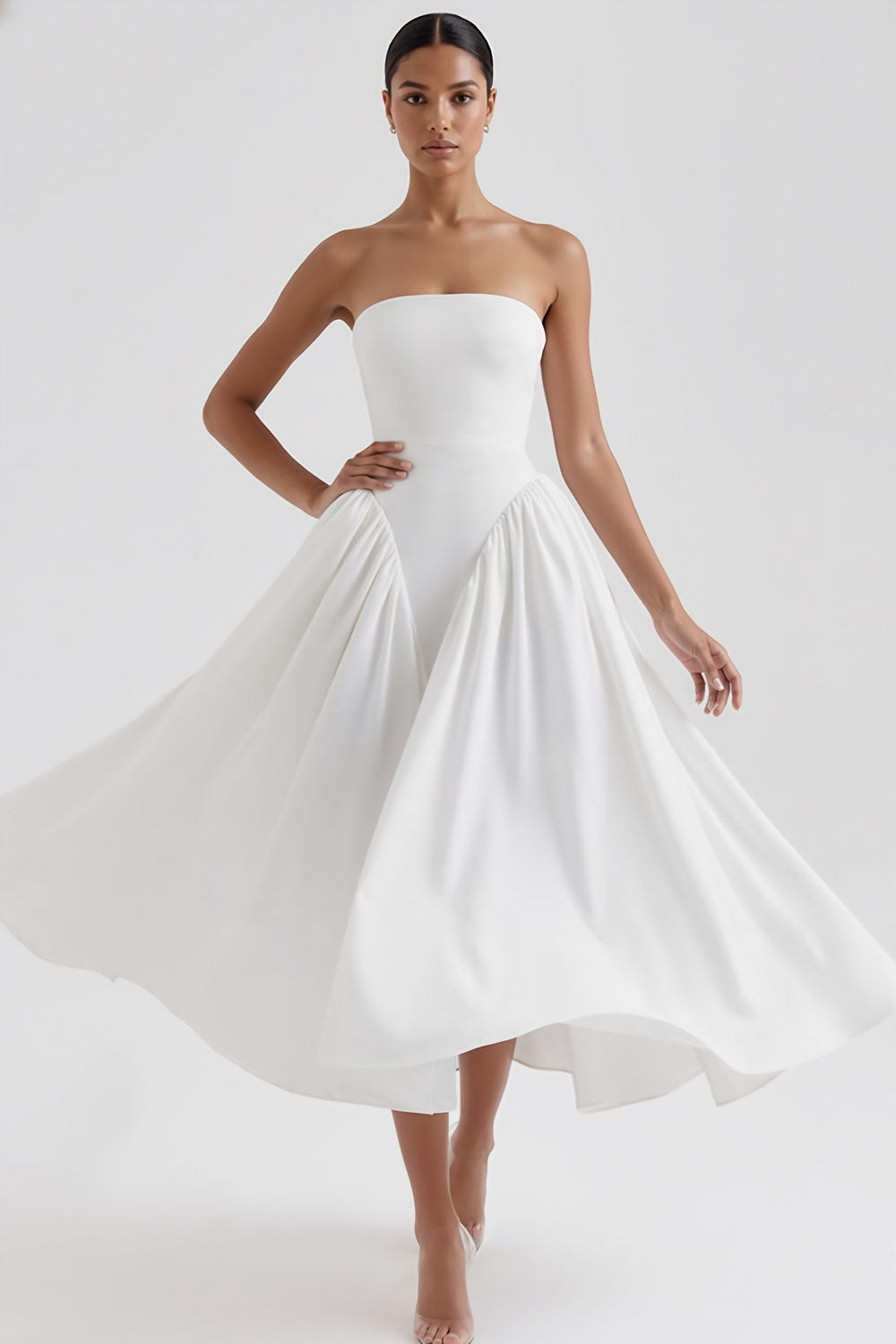 Simple White Strapless A Line Midi Engagement Dress