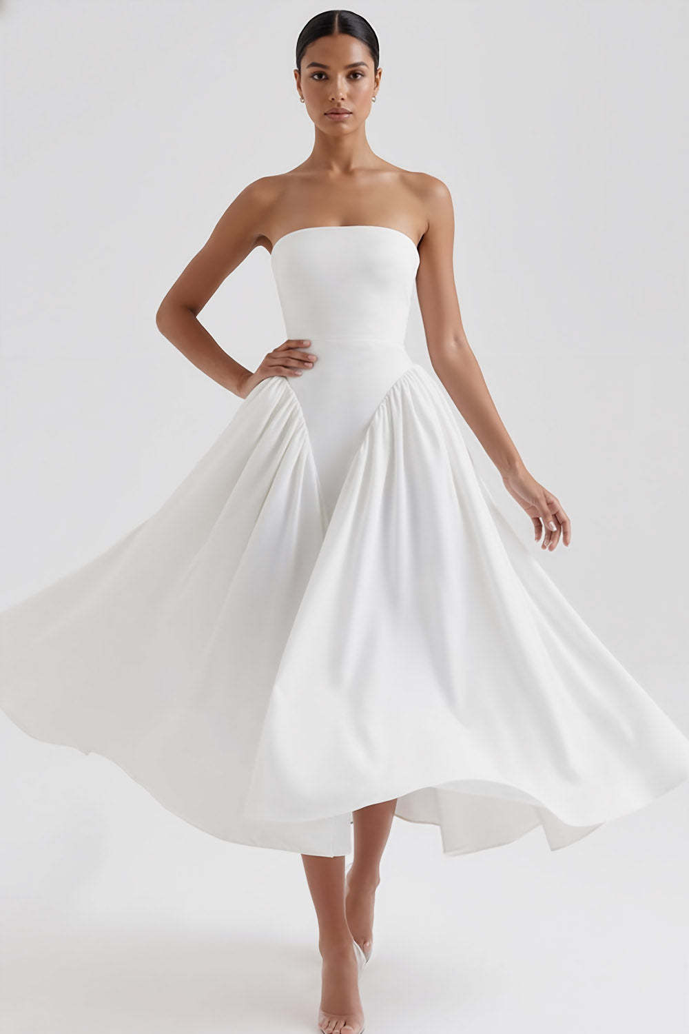 Leely Women Simple White Midi Engagement Dress Strapless Backless A Line Bridal Shower Dress