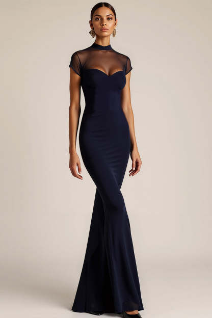 Leely Women Black Maxi Formal Dress with Sleeves Mermaid High Neck Evening Dress