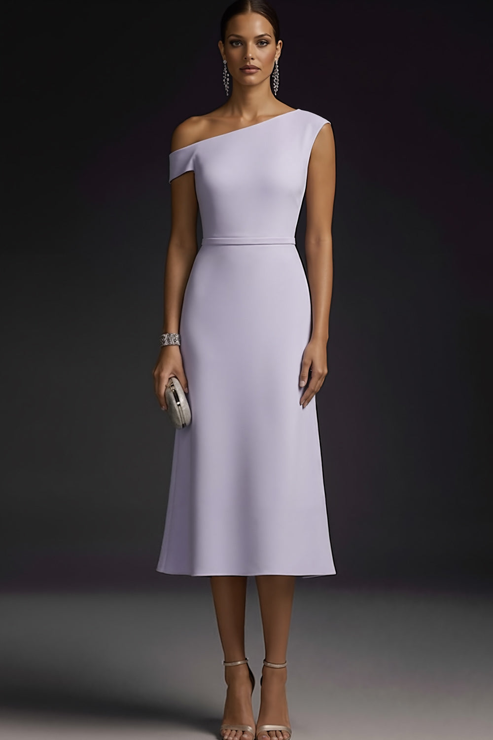 Simple Lilac One Shoulder A Line Midi Bridesmaid Dress