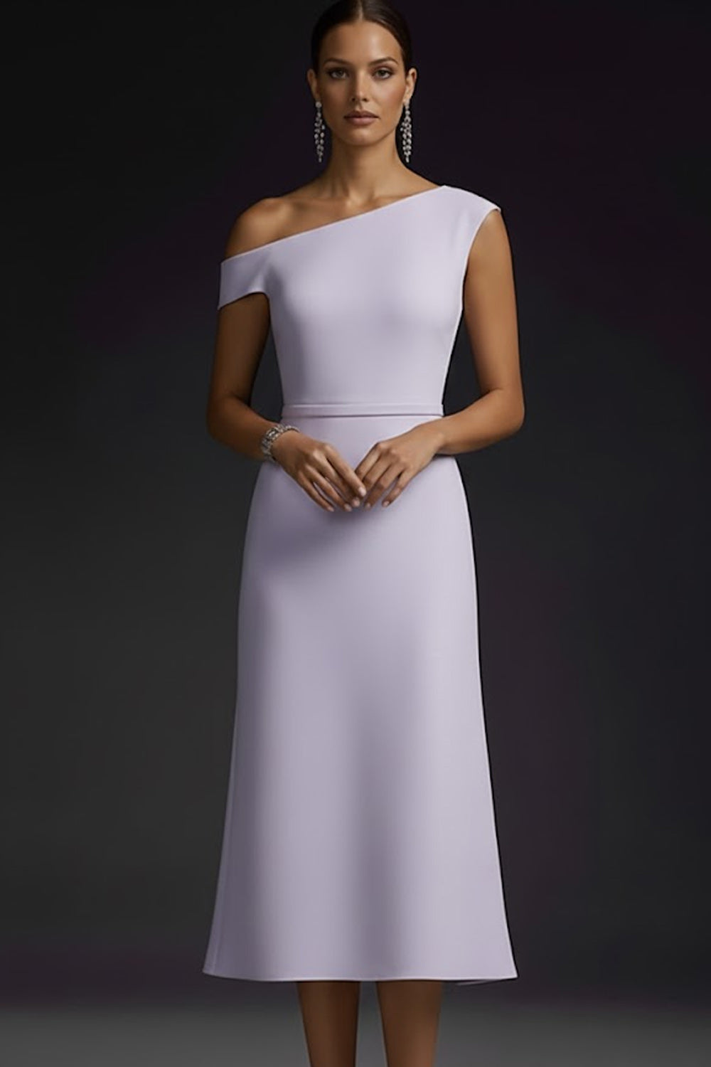 Simple Lilac One Shoulder A Line Midi Bridesmaid Dress