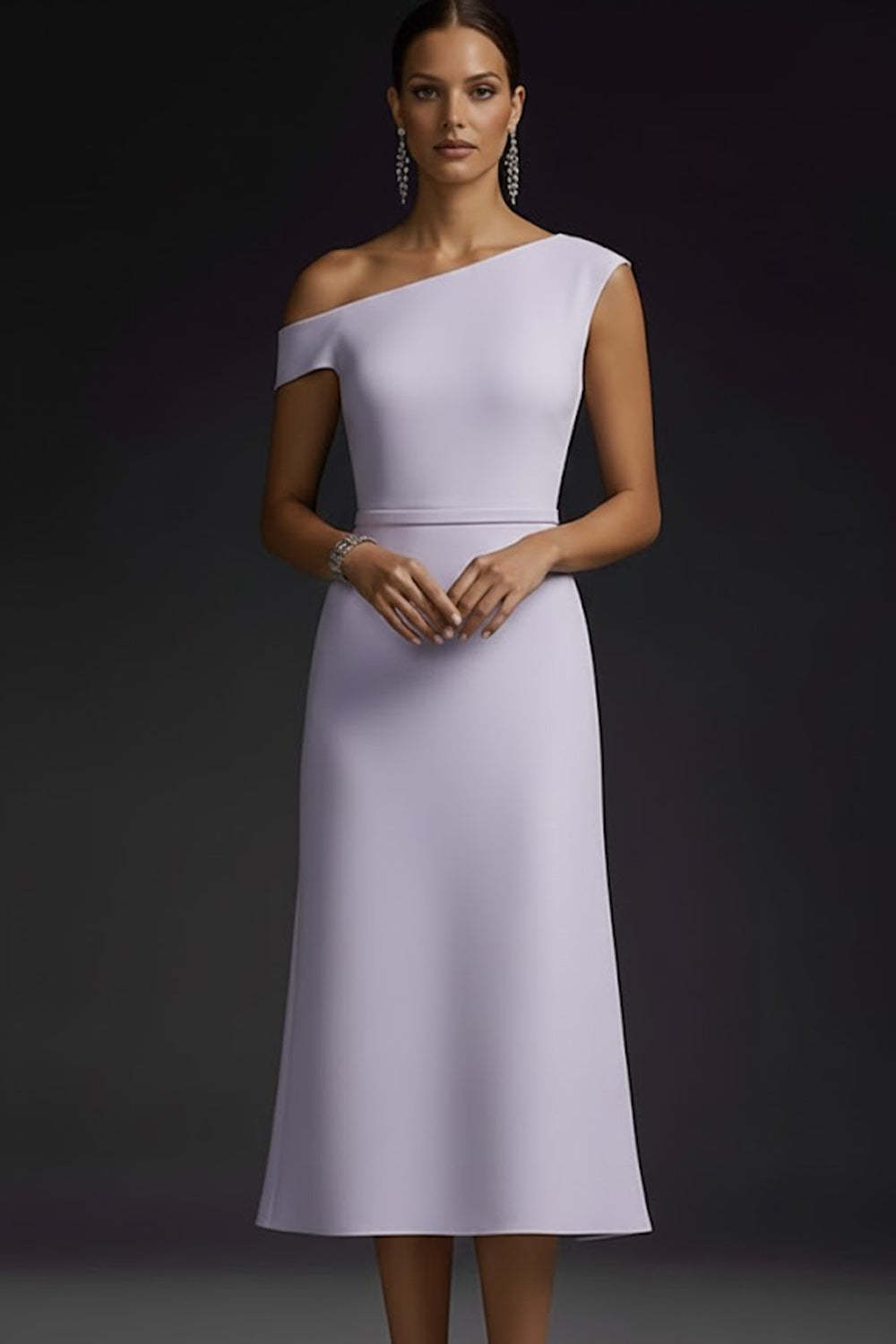 Simple Lilac One Shoulder A Line Midi Bridesmaid Dress