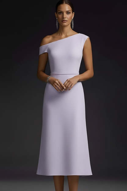 Simple Lilac One Shoulder A Line Midi Bridesmaid Dress