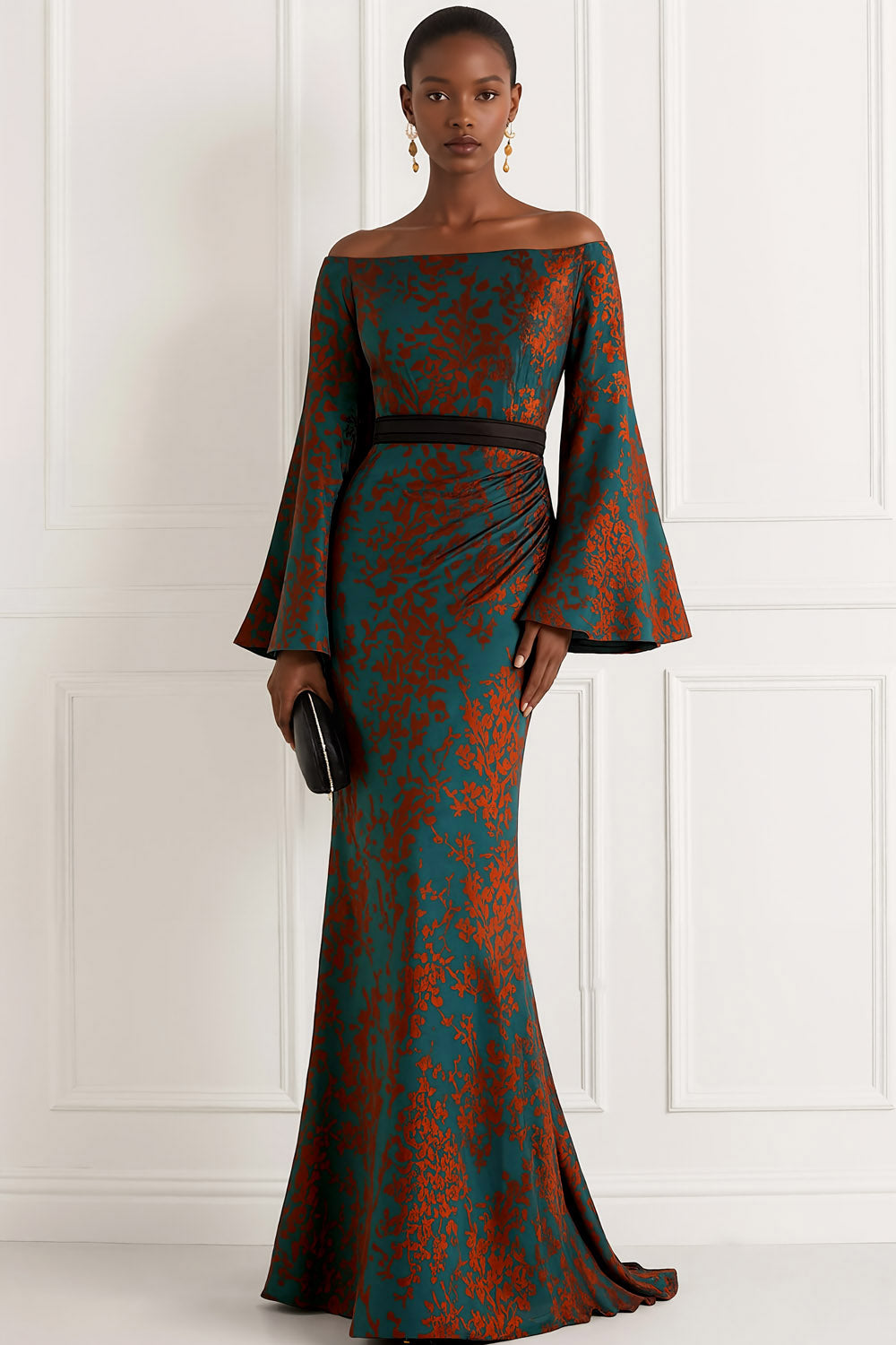 Floral Peacock Green Flare Sleeves Mermaid Maxi Mother of the Bride Dress