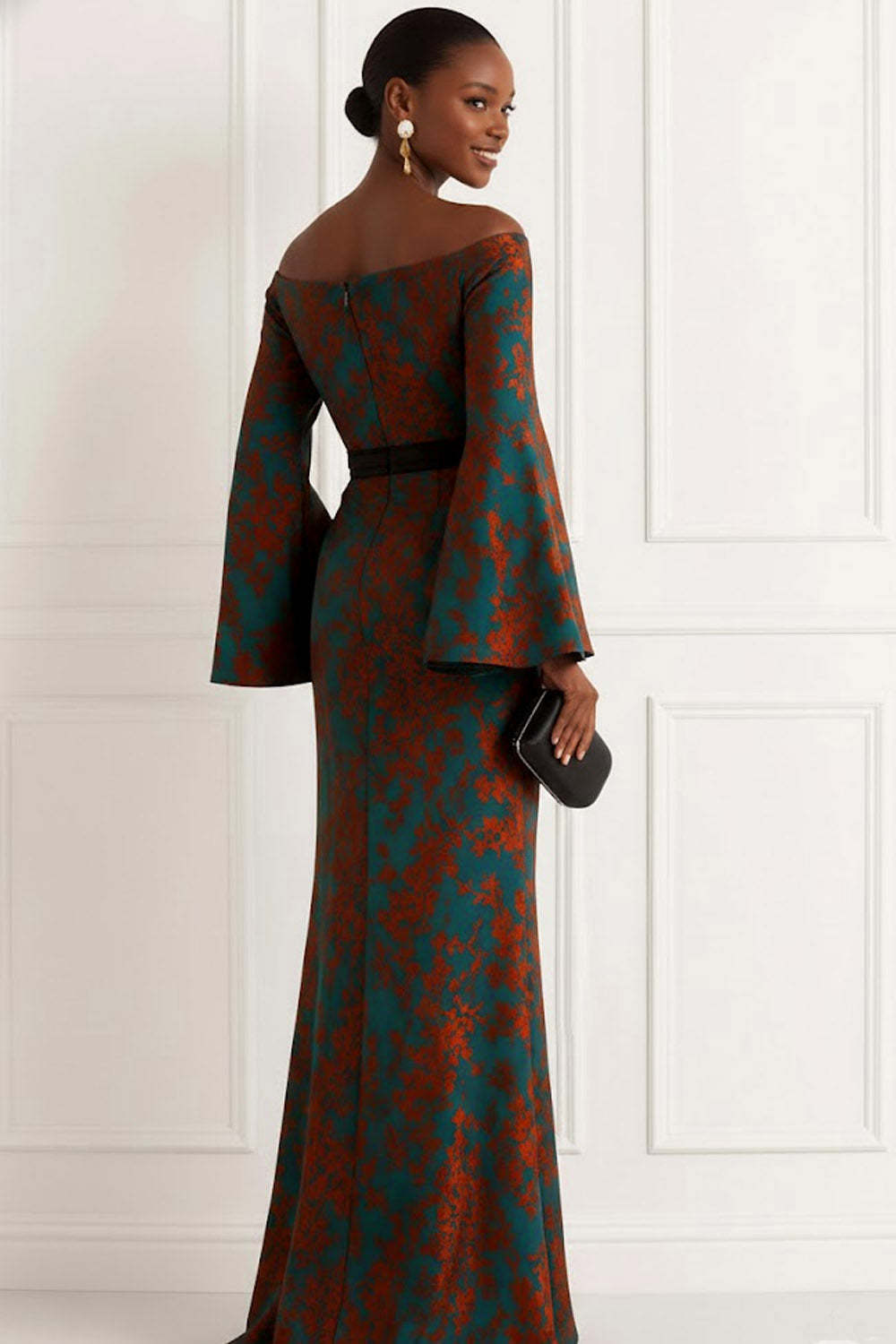 Floral Peacock Green Flare Sleeves Mermaid Maxi Mother of the Bride Dress