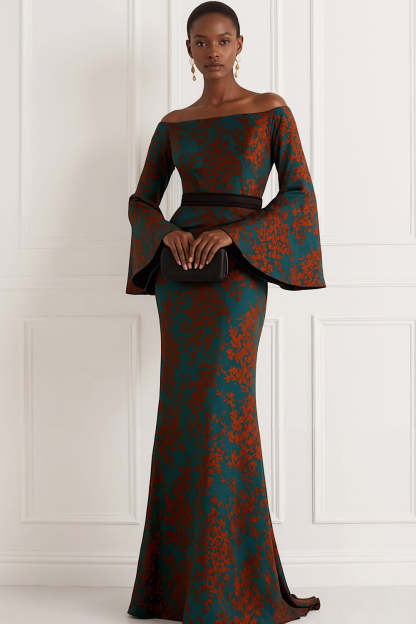 Floral Peacock Green Flare Sleeves Mermaid Maxi Mother of the Bride Dress