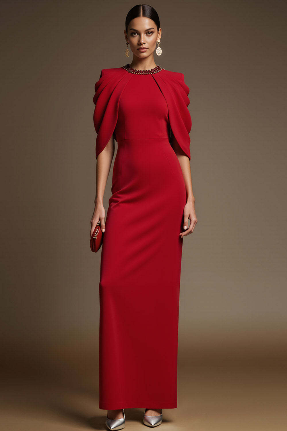 Leely Women Simple Red Maxi Formal Dress with Slit Sparkly Beaded Crew Neck Sheath Wedding Guest Dress with Cape