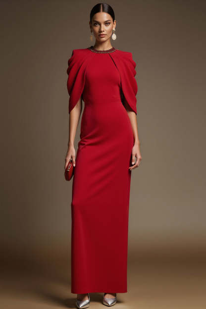 Leely Women Simple Red Maxi Formal Dress with Slit Sparkly Beaded Crew Neck Sheath Wedding Guest Dress with Cape