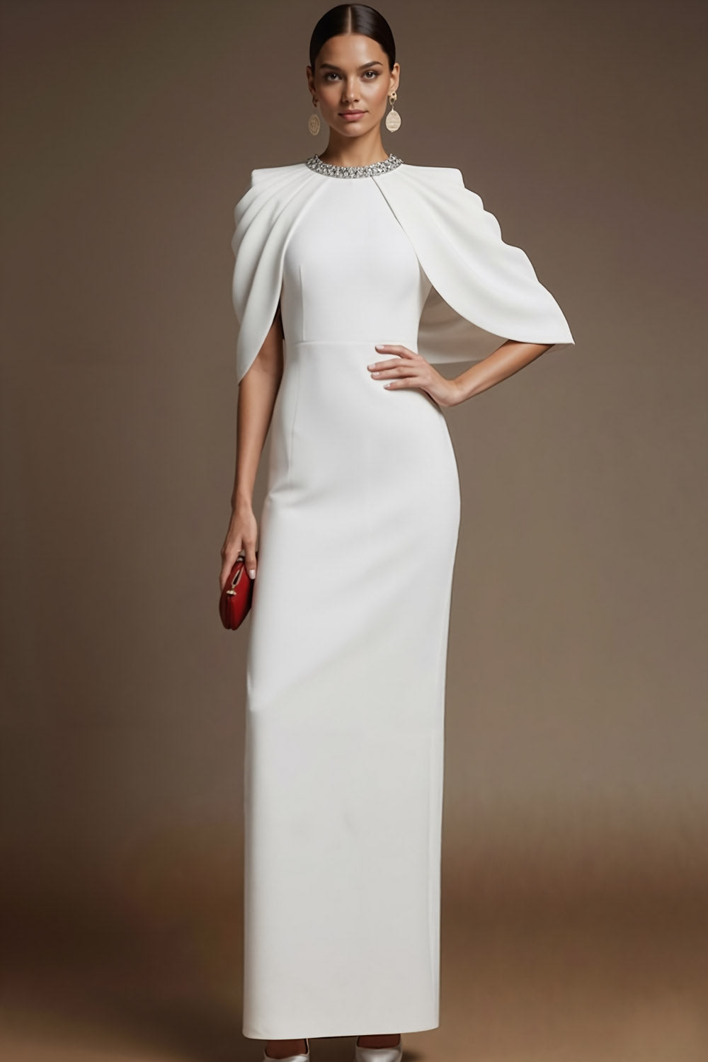 Simple White Sheath Crew Neck Maxi Formal Dress with Slit