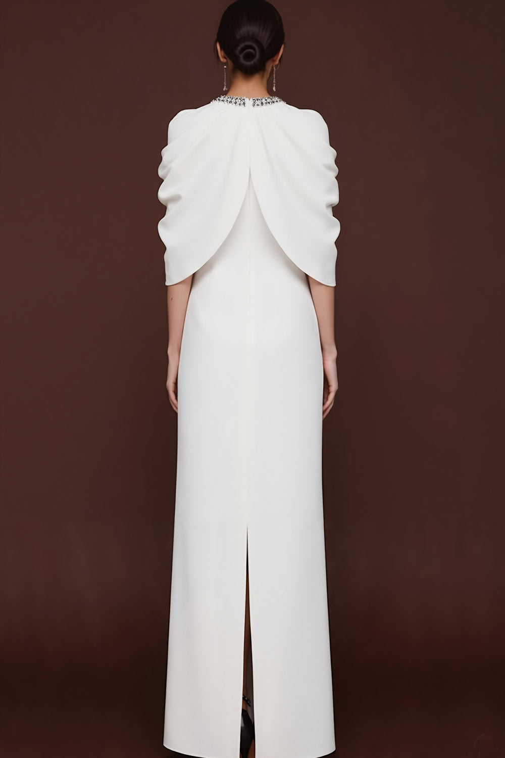 Simple White Sheath Crew Neck Maxi Formal Dress with Slit