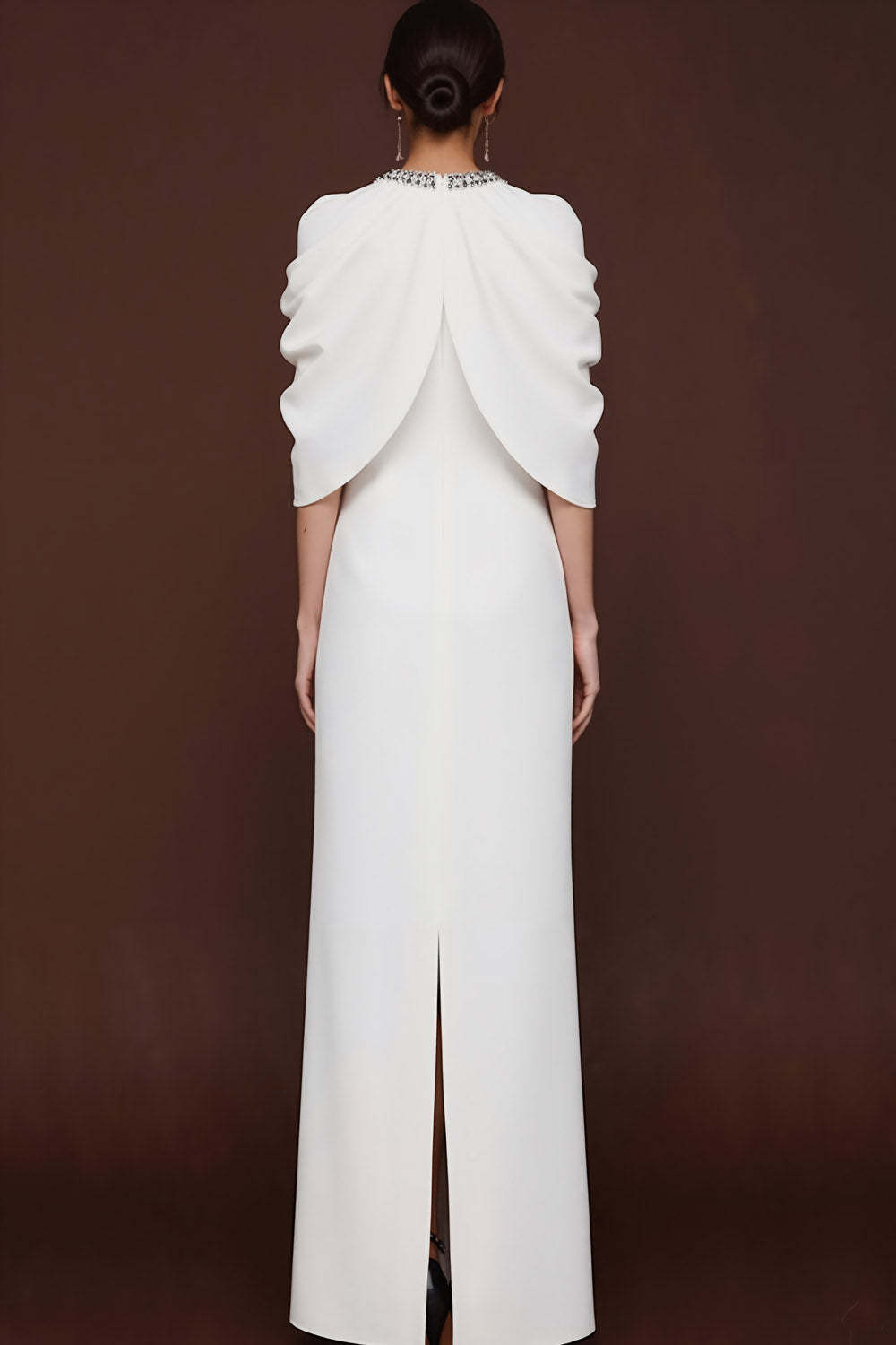 Simple White Sheath Crew Neck Maxi Formal Dress with Slit