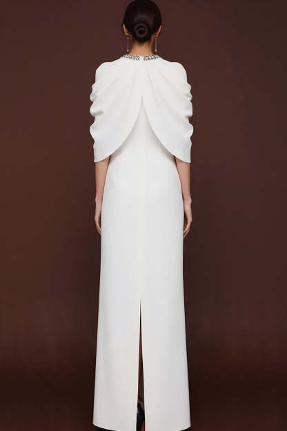 Simple White Sheath Crew Neck Maxi Formal Dress with Slit