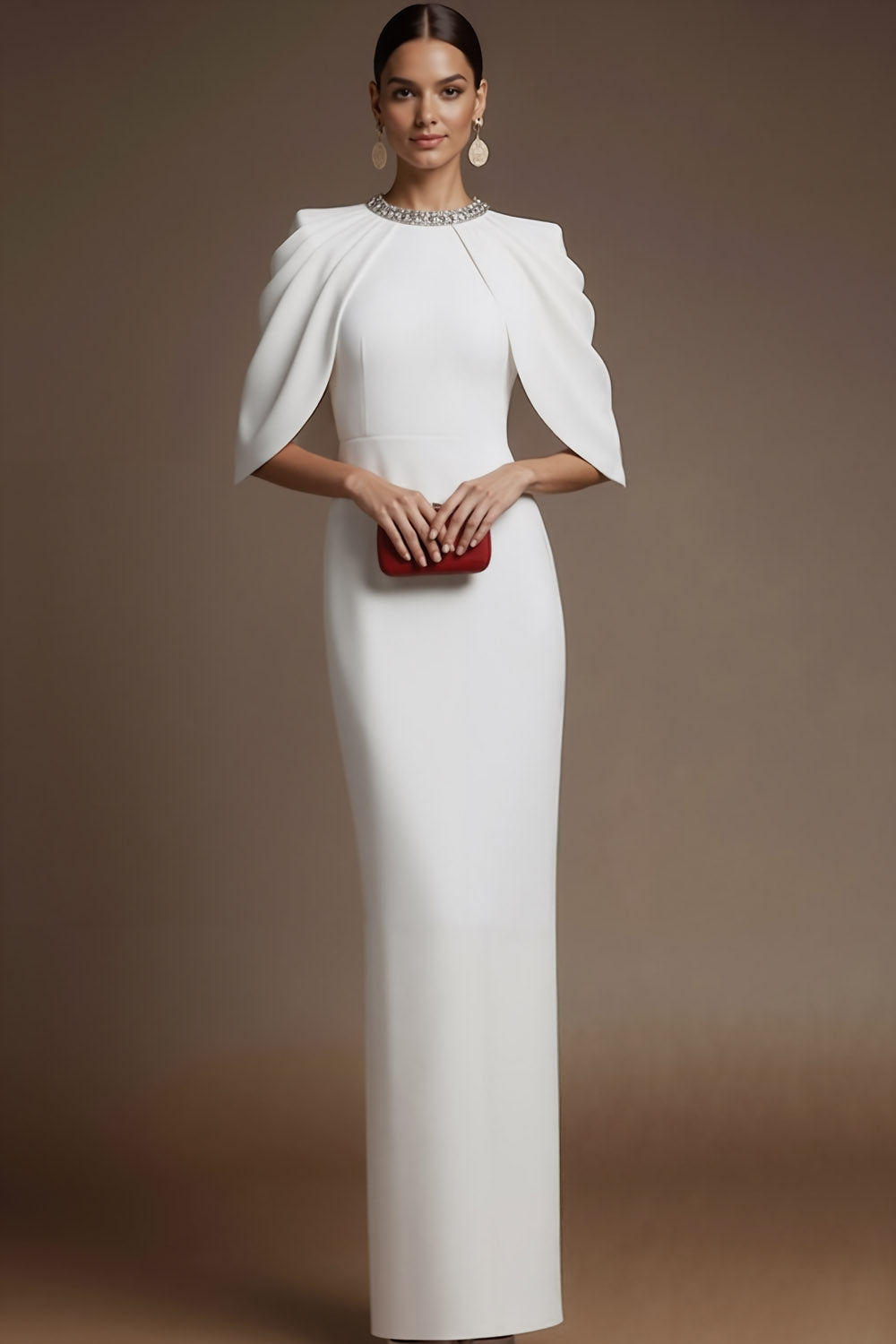 Simple White Sheath Crew Neck Maxi Formal Dress with Slit
