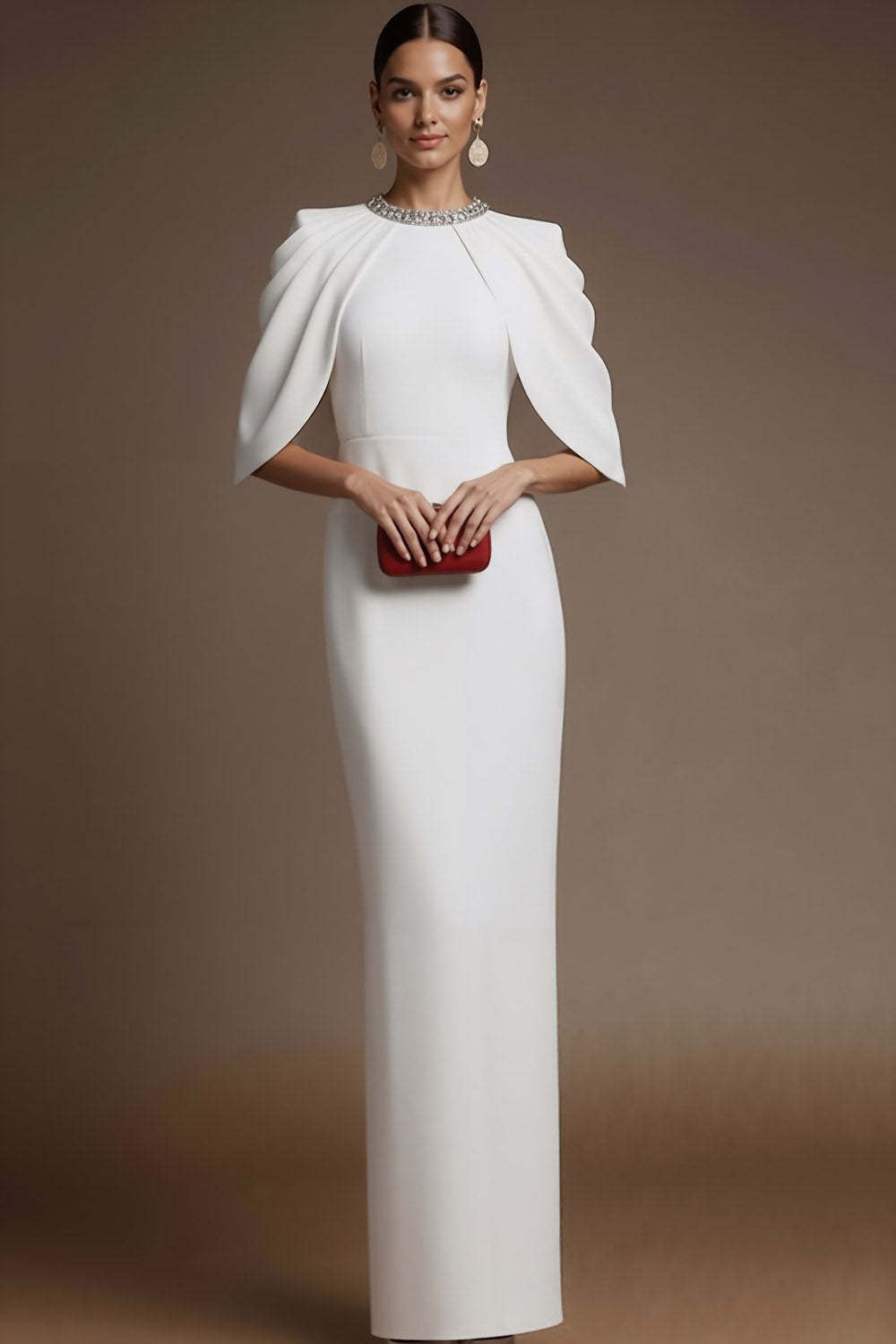 Simple White Sheath Crew Neck Maxi Formal Dress with Slit