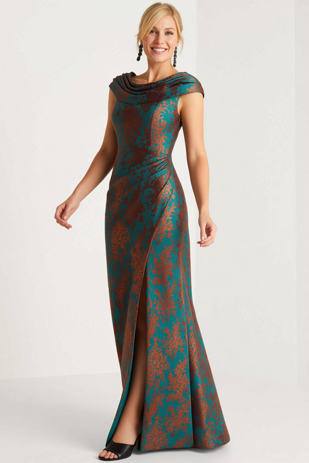 Floral Peacock Green Ruched A Line Maxi Mother of the Bride Dress with Slit