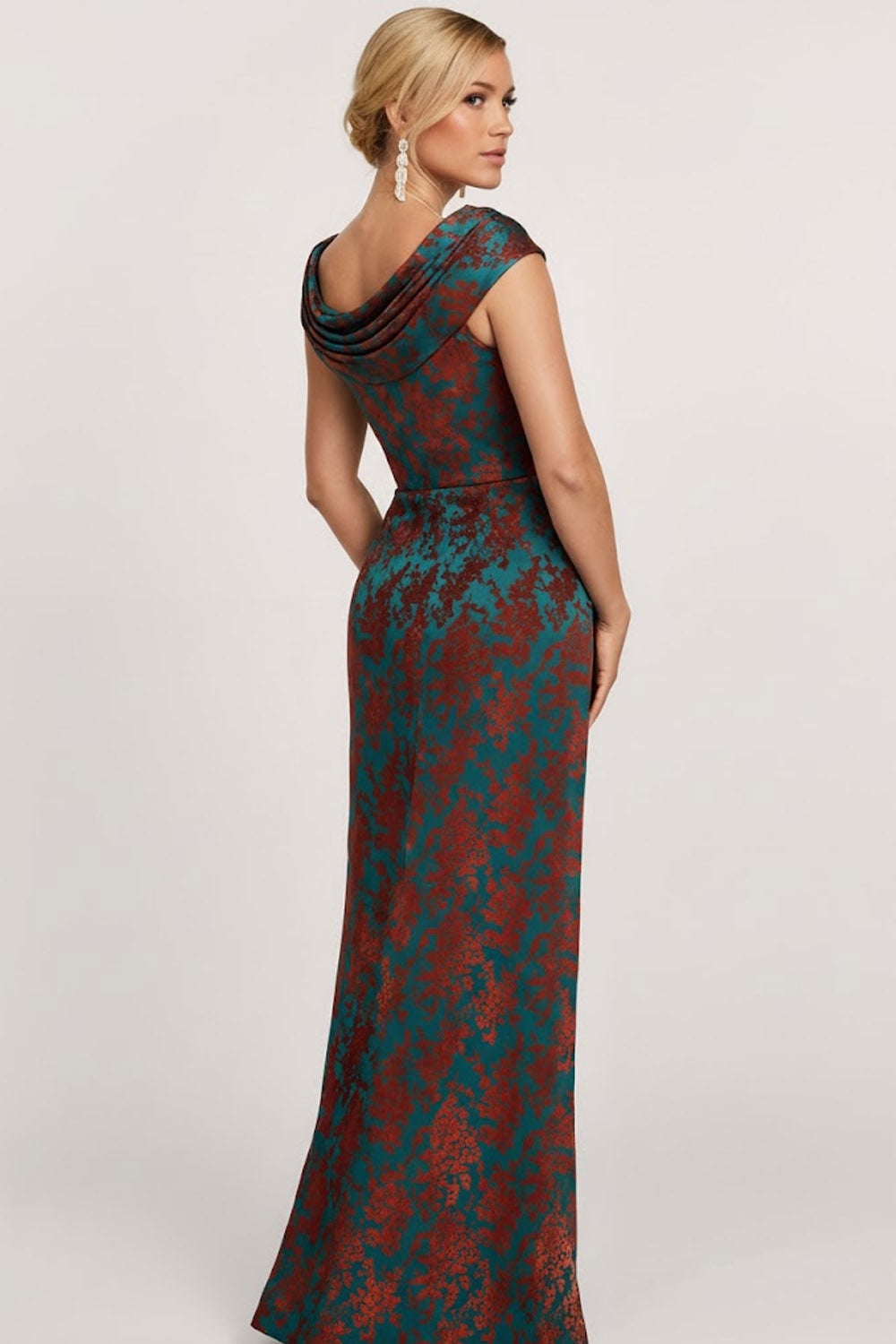 Floral Peacock Green Ruched A Line Maxi Mother of the Bride Dress with Slit