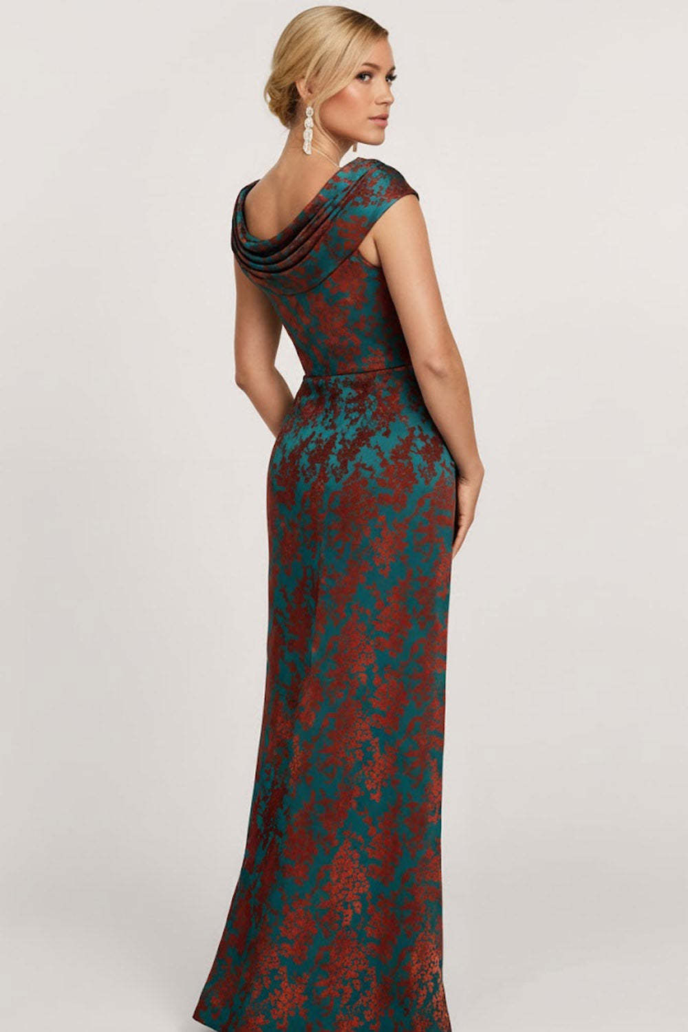Floral Peacock Green Ruched A Line Maxi Mother of the Bride Dress with Slit