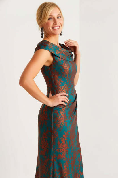 Floral Peacock Green Ruched A Line Maxi Mother of the Bride Dress with Slit