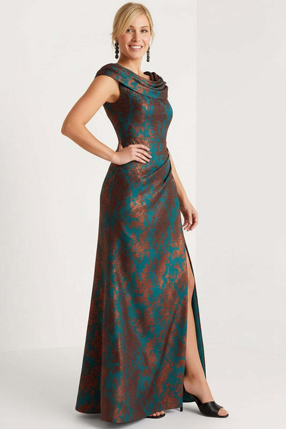 Floral Peacock Green Ruched A Line Maxi Mother of the Bride Dress with Slit