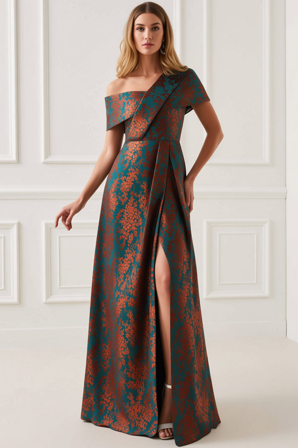 Floral Peacock Green One Shoulder A Line Maxi Mother of the Bride Dress with Slit