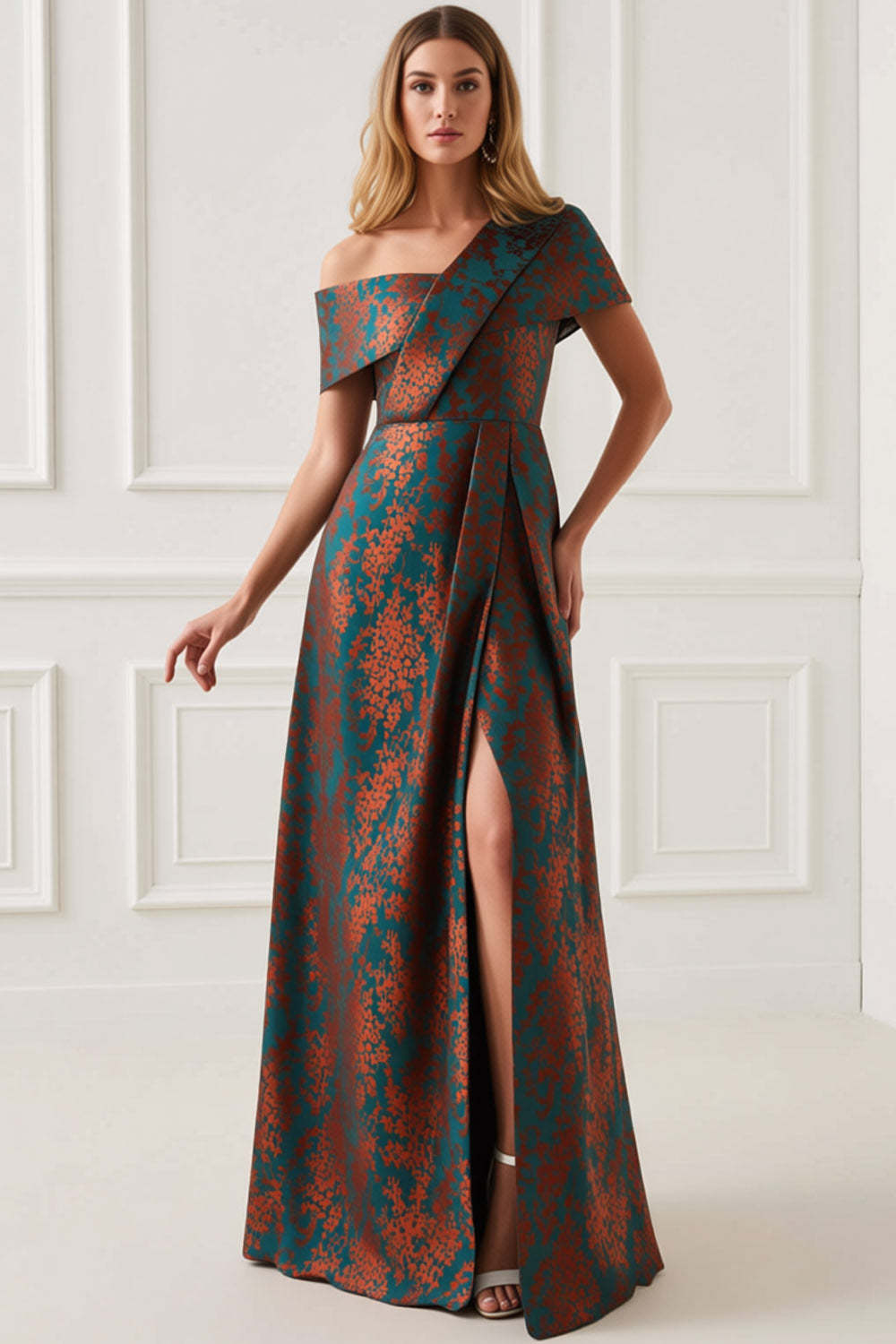 Floral Peacock Green One Shoulder A Line Maxi Mother of the Bride Dress with Slit