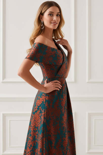 Floral Peacock Green One Shoulder A Line Maxi Mother of the Bride Dress with Slit