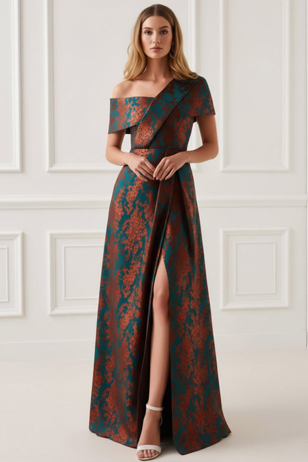 Floral Peacock Green One Shoulder A Line Maxi Mother of the Bride Dress with Slit
