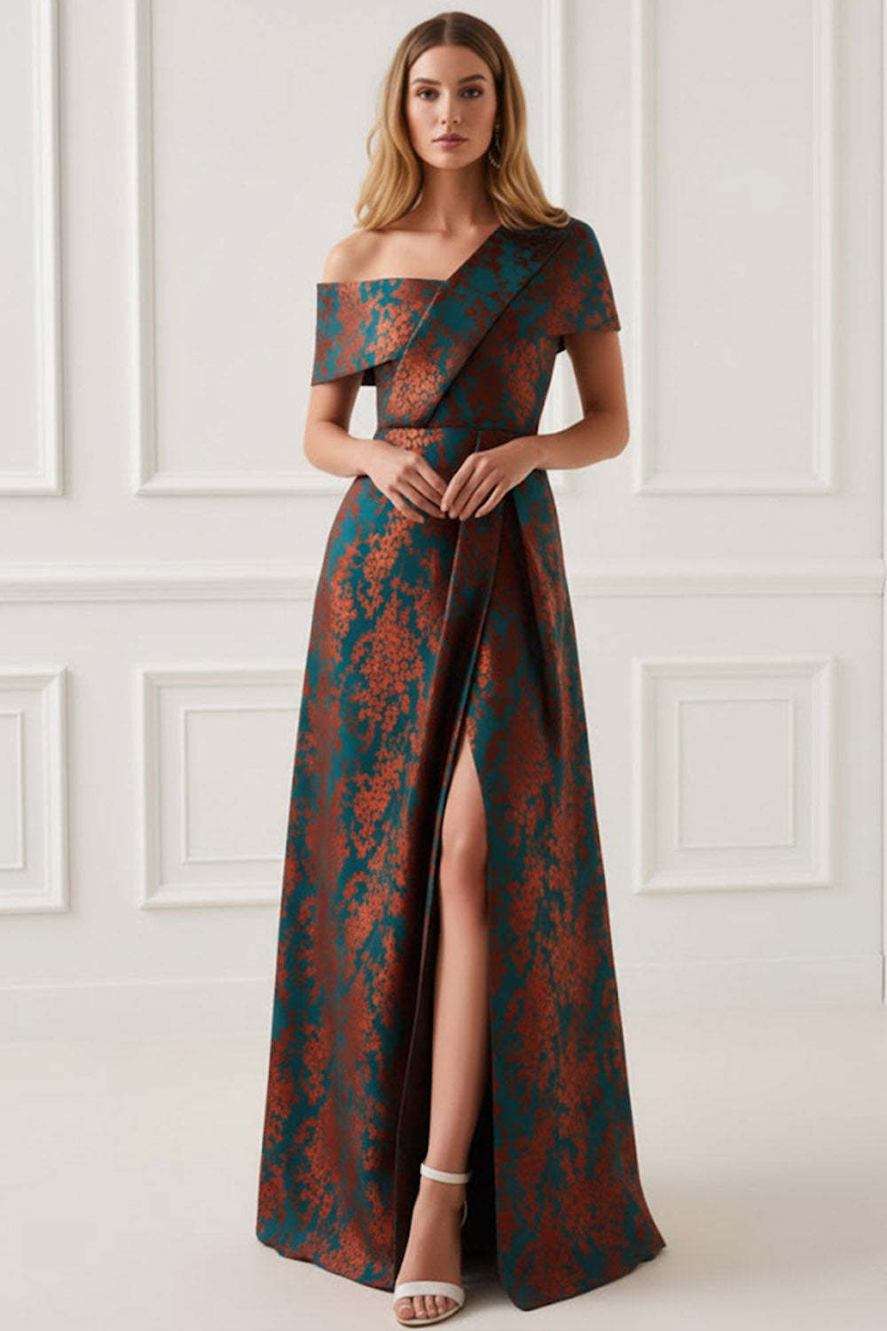 Leely Women Floral Peacock Green Maxi Mother of the Bride Dress with Slit One Shoulder Burnout Velvet A Line Wedding Guest Dress