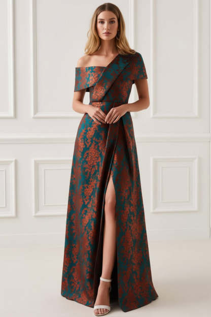 Leely Women Floral Peacock Green Maxi Mother of the Bride Dress with Slit One Shoulder Burnout Velvet A Line Wedding Guest Dress