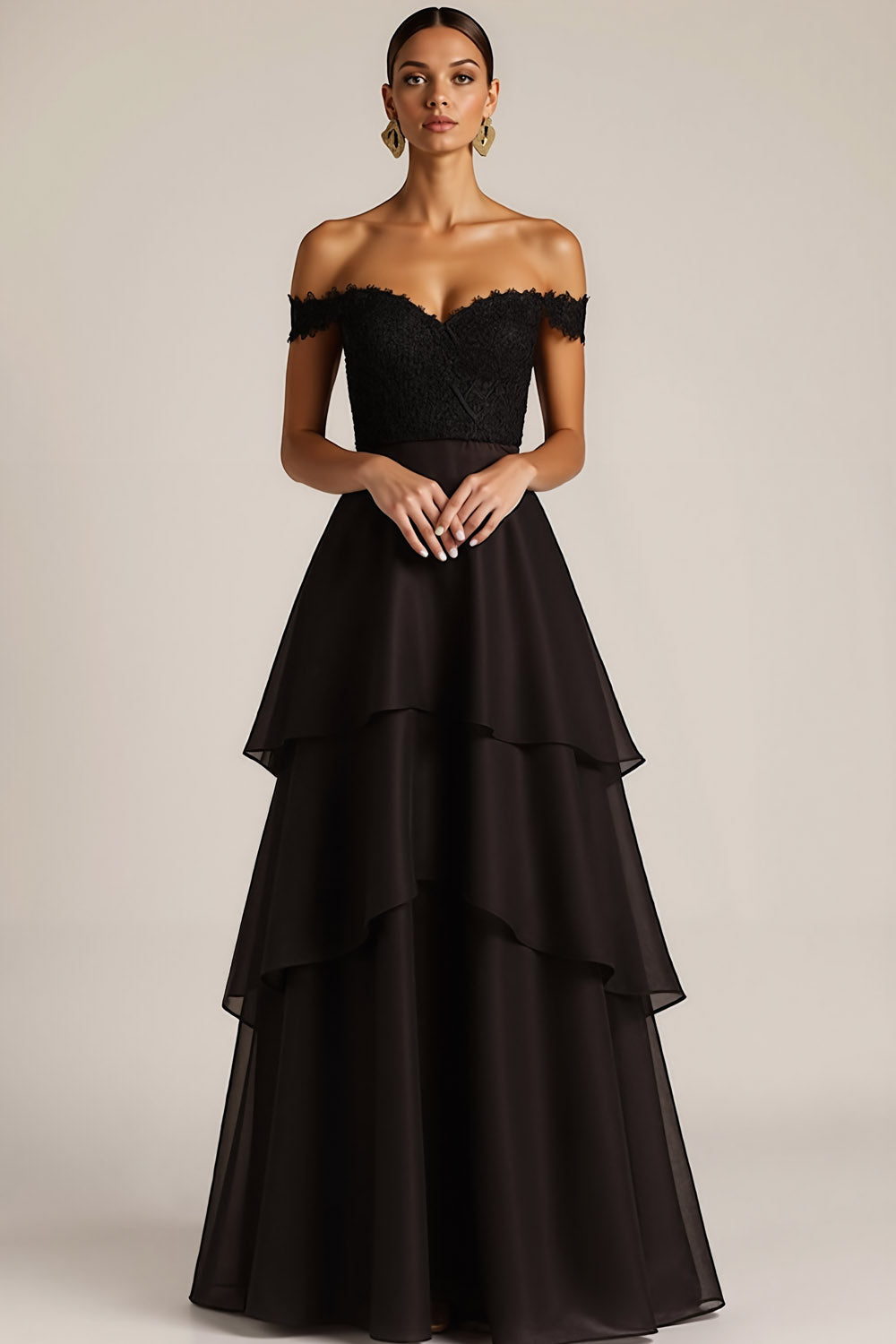 Black Tiered Princess Ruffled Lace Maxi Prom Dress