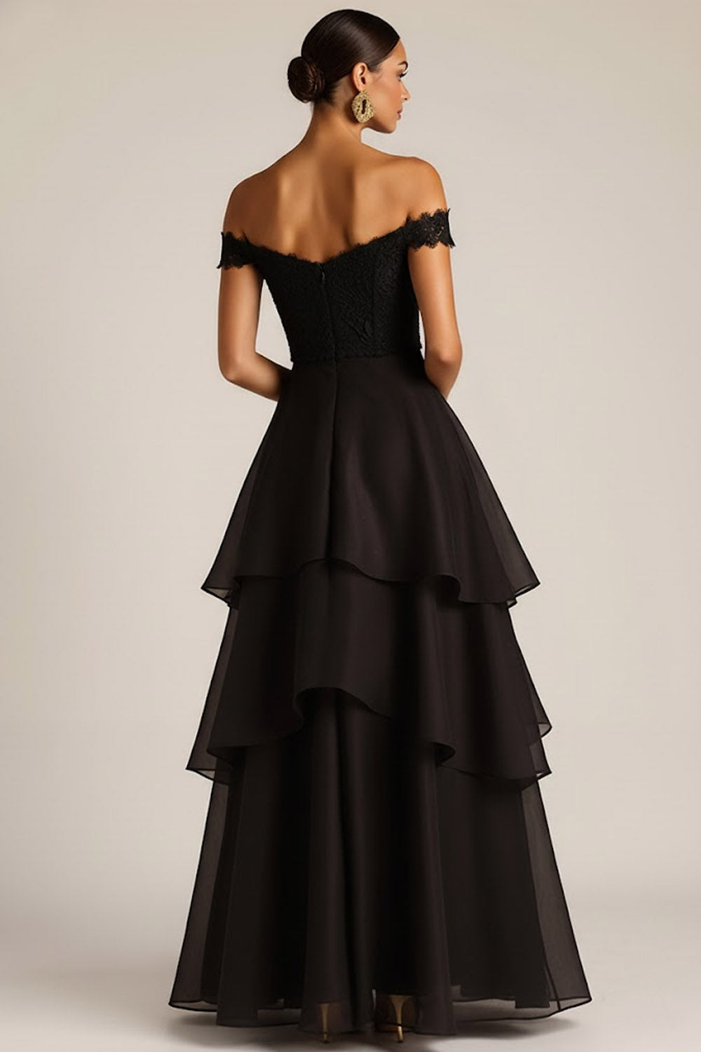 Black Tiered Princess Ruffled Lace Maxi Prom Dress