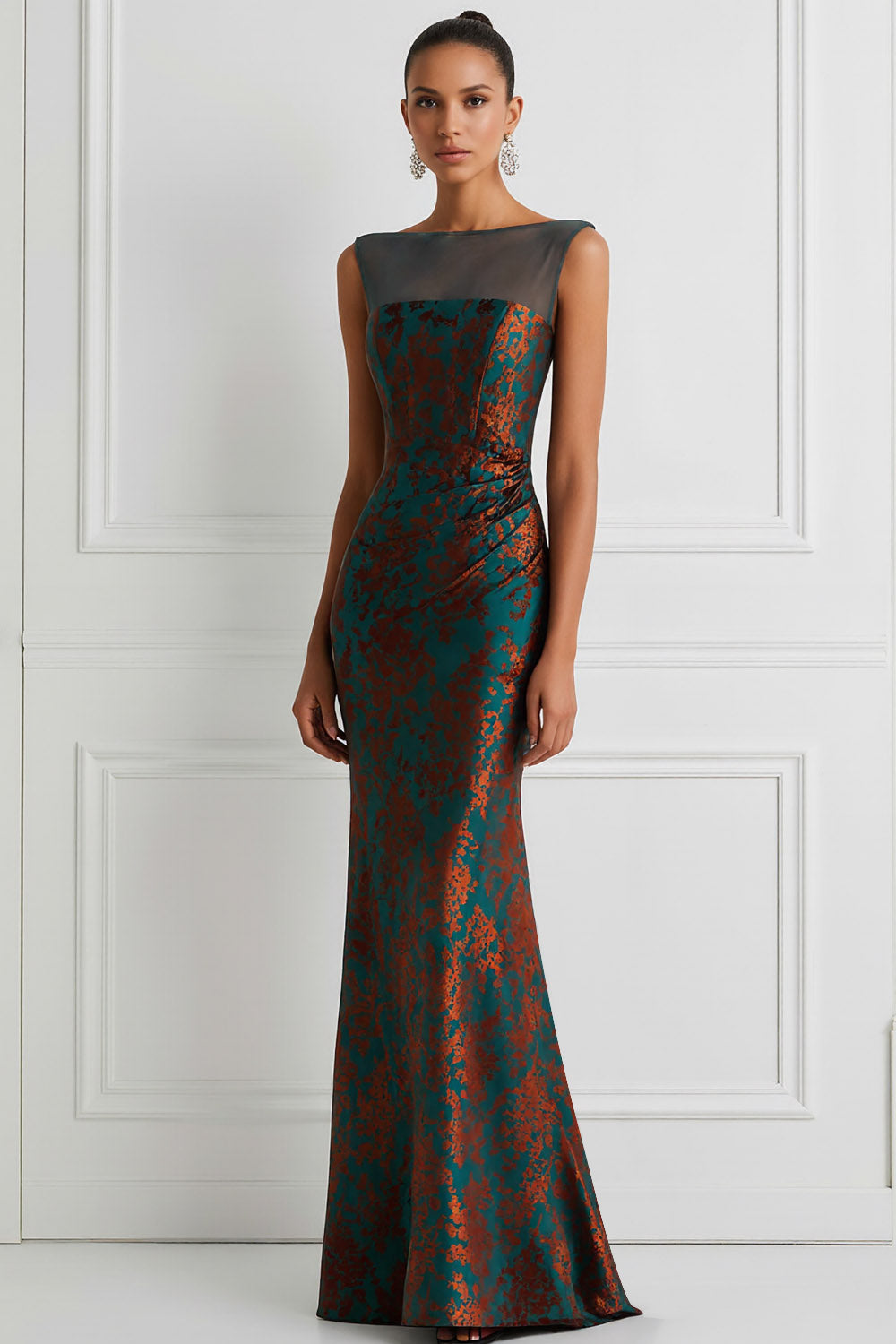 Floral Peacock Green Mermaid Maxi Wedding Guest Dress