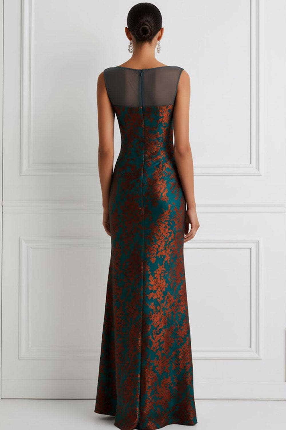 Floral Peacock Green Mermaid Maxi Wedding Guest Dress