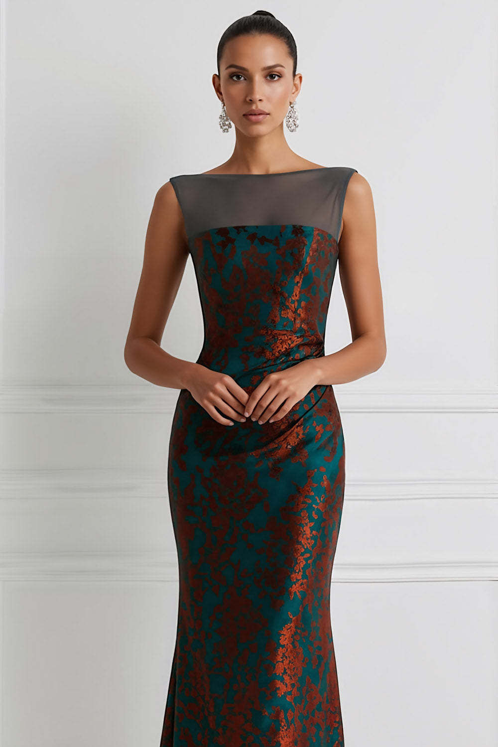 Floral Peacock Green Mermaid Maxi Wedding Guest Dress