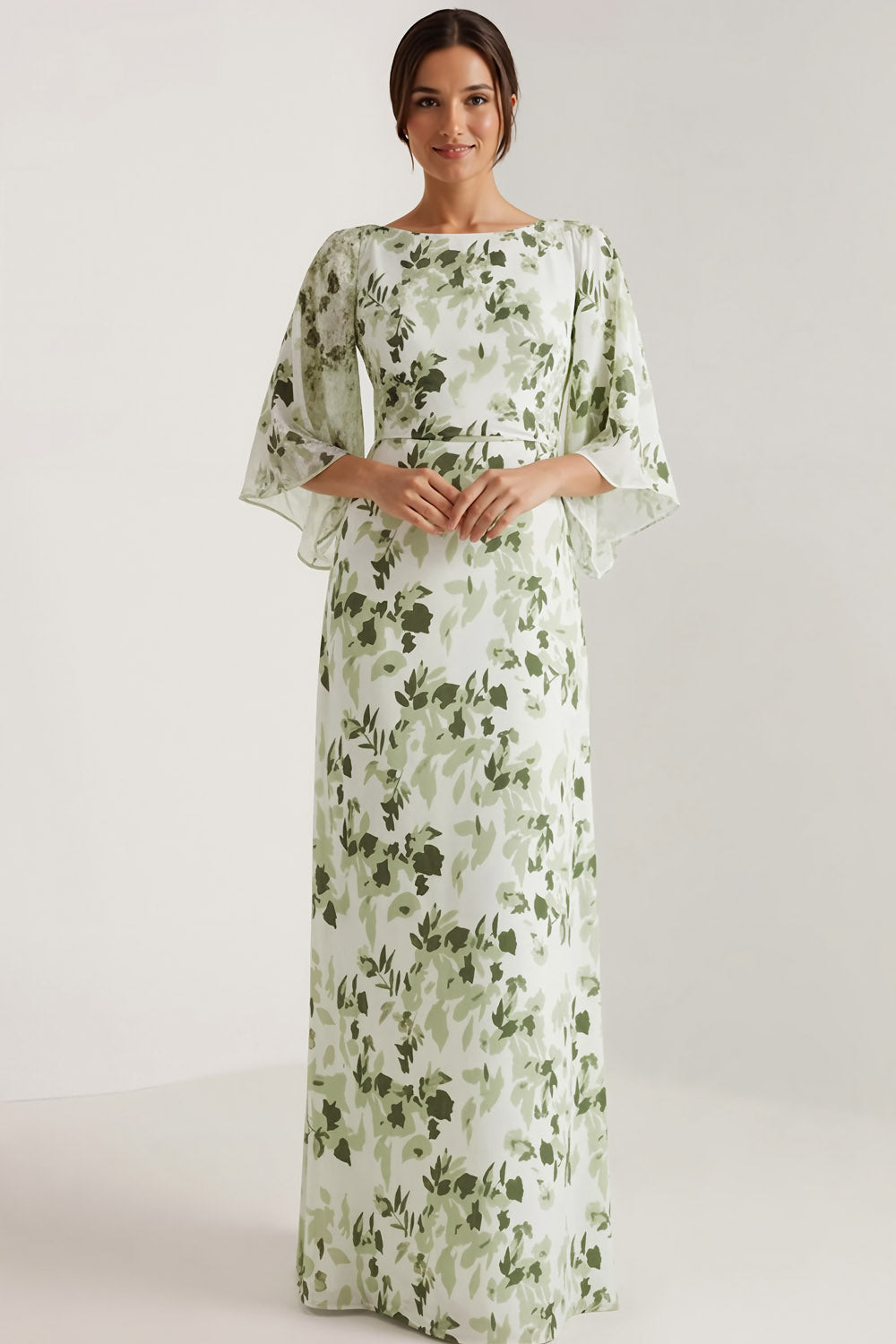 Leely Women Floral Green Maxi Bridesmaid Dress Bateau Neck Wedding Guest Dress with Sleeves