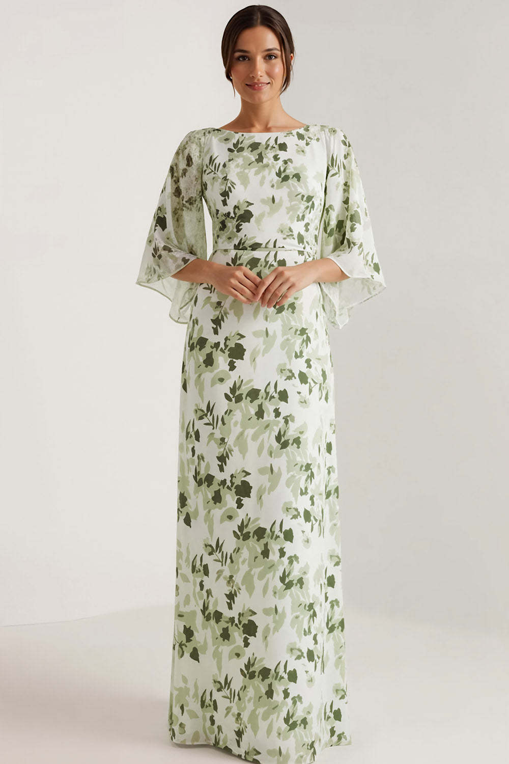 Leely Women Floral Green Maxi Bridesmaid Dress Bateau Neck Wedding Guest Dress with Sleeves
