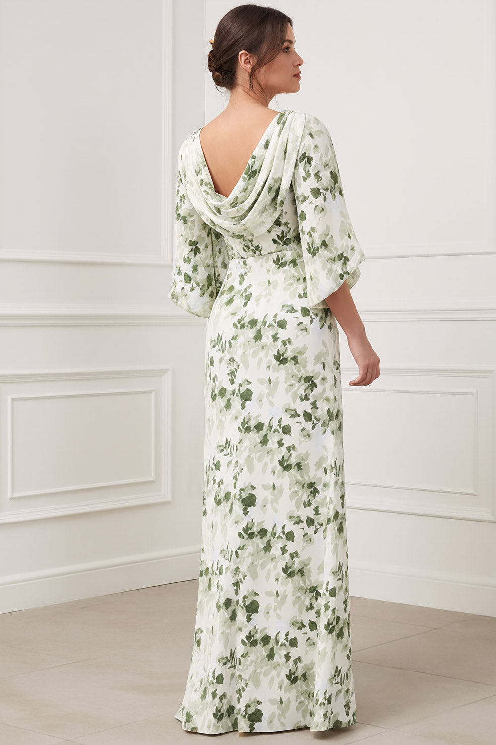 Floral Green Bateau Neck Maxi Bridesmaid Dress with Sleeves